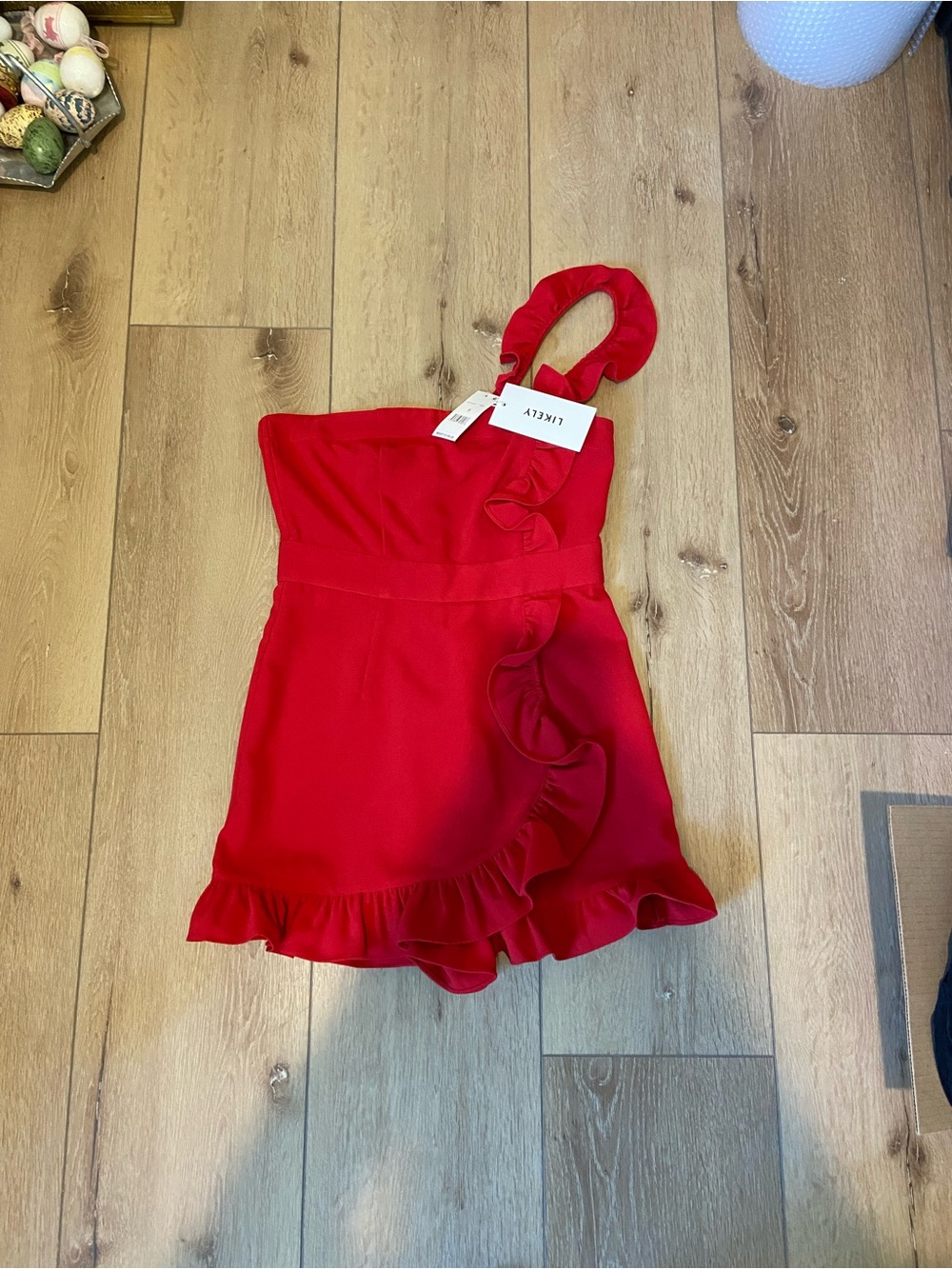 Likely Red One-Shoulder Ruffle Romper